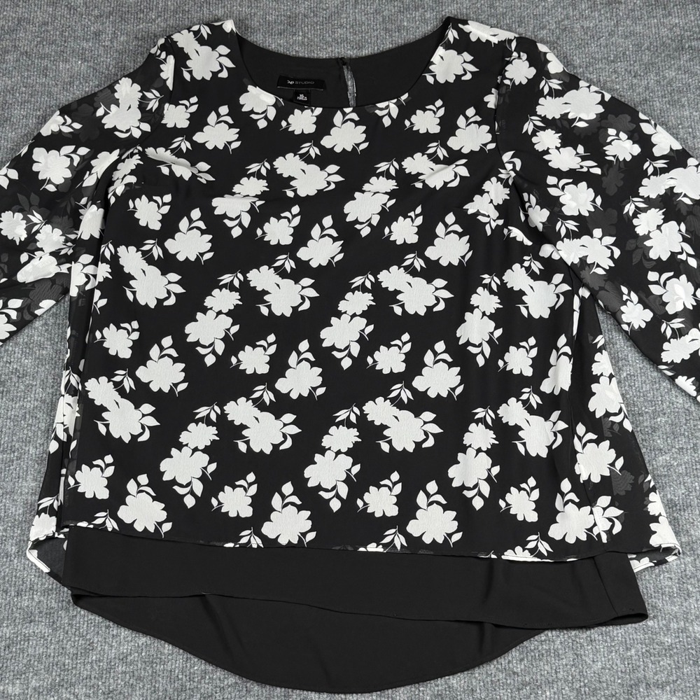 AB Studio Floral Sheer Sleeve Keyhole Blouse XL Chic Boho Elegant Flowy Office